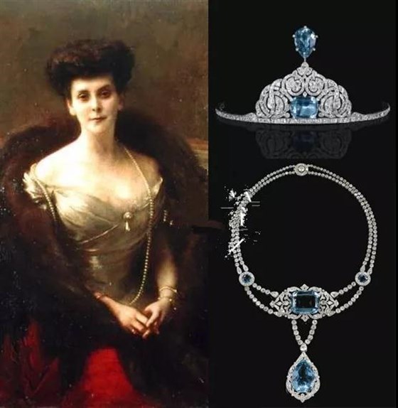 著名的海蓝宝珍品为卡地亚1912年出品的海蓝宝石与钻石项链与王冠，隶属玛丽皇后的儿媳妇