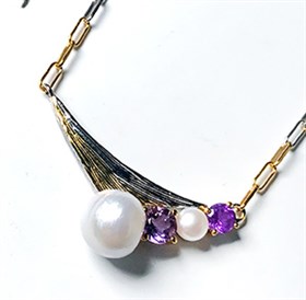 S925意大利手工银镶紫水晶珍珠套链
