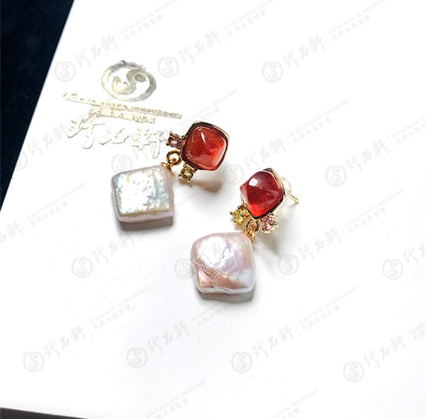 S925意大利手工银镶石榴石珍珠耳钉