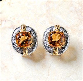 意大利手工银镶天然黄水晶耳钉