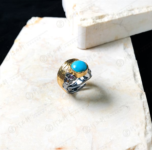 手工银镶天然绿松石戒指