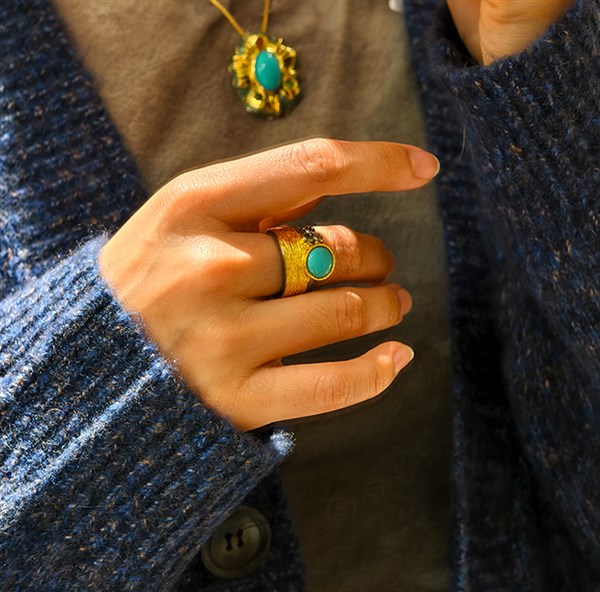 手工银镶天然绿松石戒指