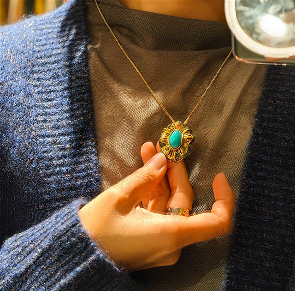 意大利手工银镶天然绿松石吊坠