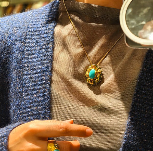 意大利手工银镶天然绿松石吊坠