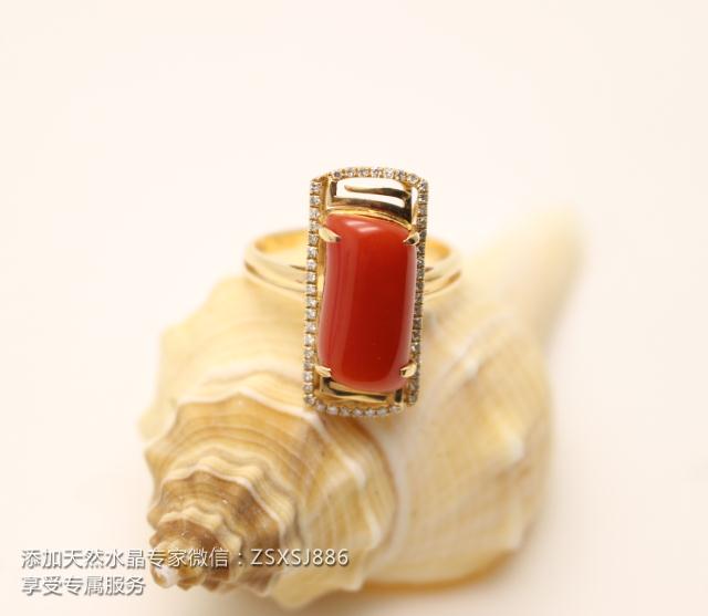 珍石轩天然水晶红珊瑚戒指