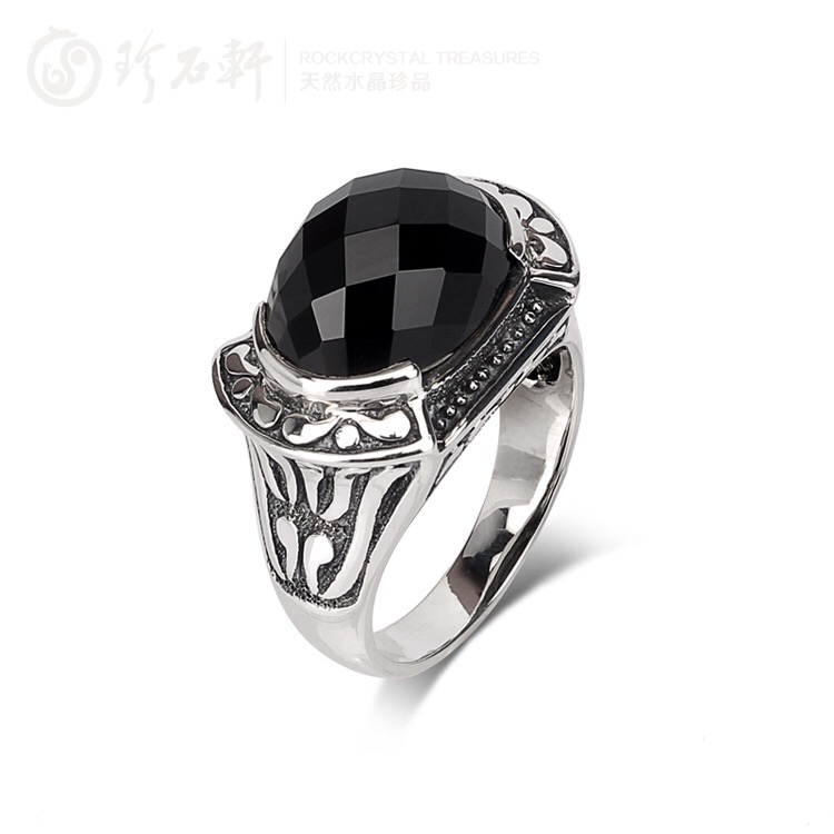 珍石轩天然水晶黑玛瑙戒指