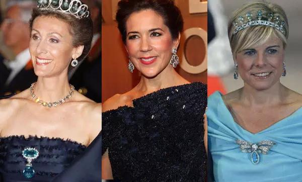 从左至右依次为：卢森堡公主Sibilla佩戴祖母的Ansorena海蓝宝石王冠、丹麦王妃玛丽佩戴海蓝宝耳坠亮相2014年Bambi Awards、荷兰公主Laurentien在2013年威廉亚力山大王登基仪式上佩戴海蓝宝石王冠与胸针