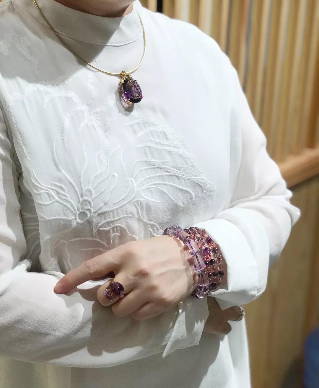 珍石轩天然水晶世家老板娘紫黄晶吊坠戒指与柱形紫黄晶手链三件套