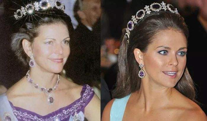 西尔维娅王后(左)和维多利亚公主(右)佩戴紫水晶皇冠