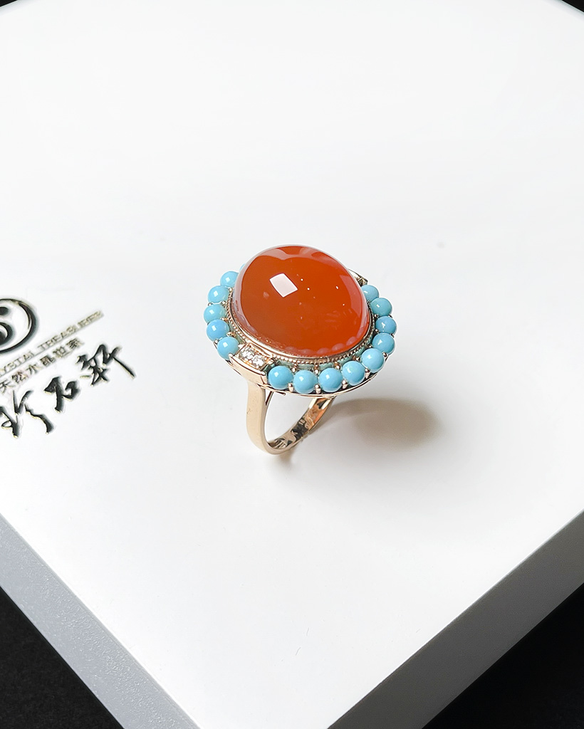 珍石轩G18K金镶天然冰种南红玛瑙戒指